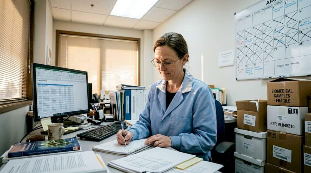 Manager reviewing lab supply chain records
