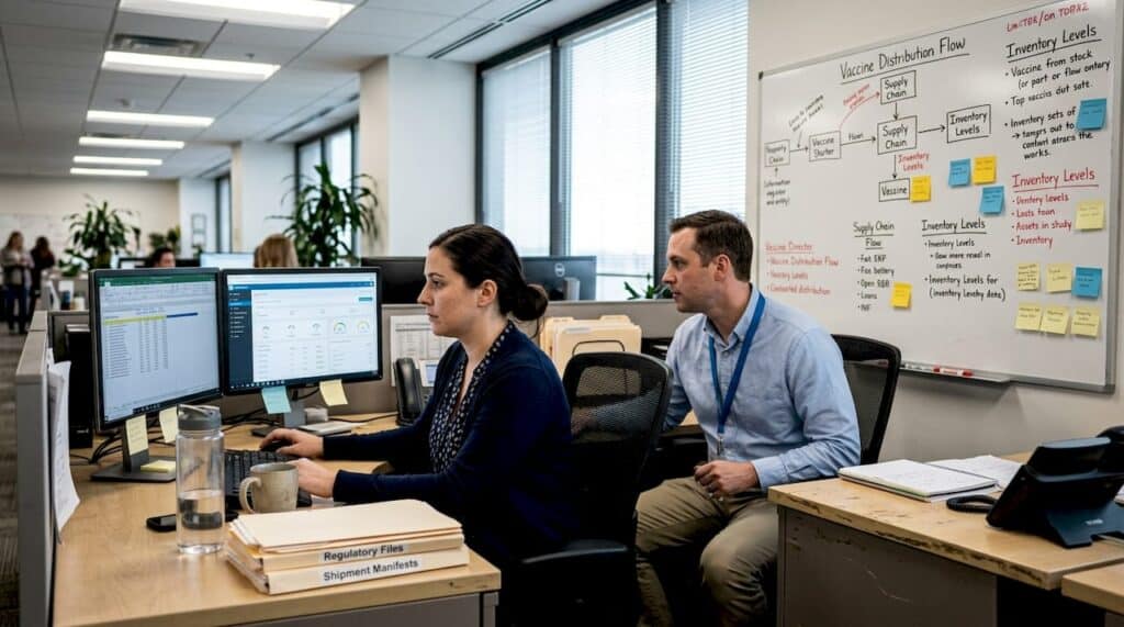 Logistics coordinators review supply chain dashboards