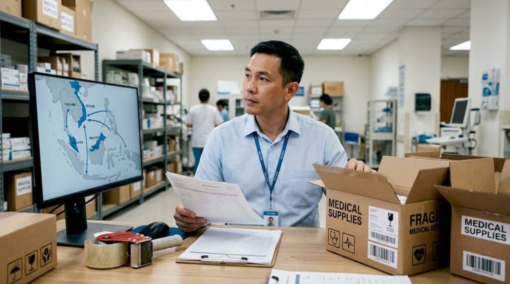 Logistics coordinator reviewing hospital supply shipments