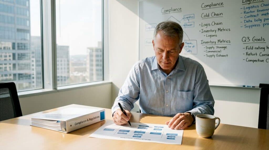 Manager reviewing medical logistics documents in office
