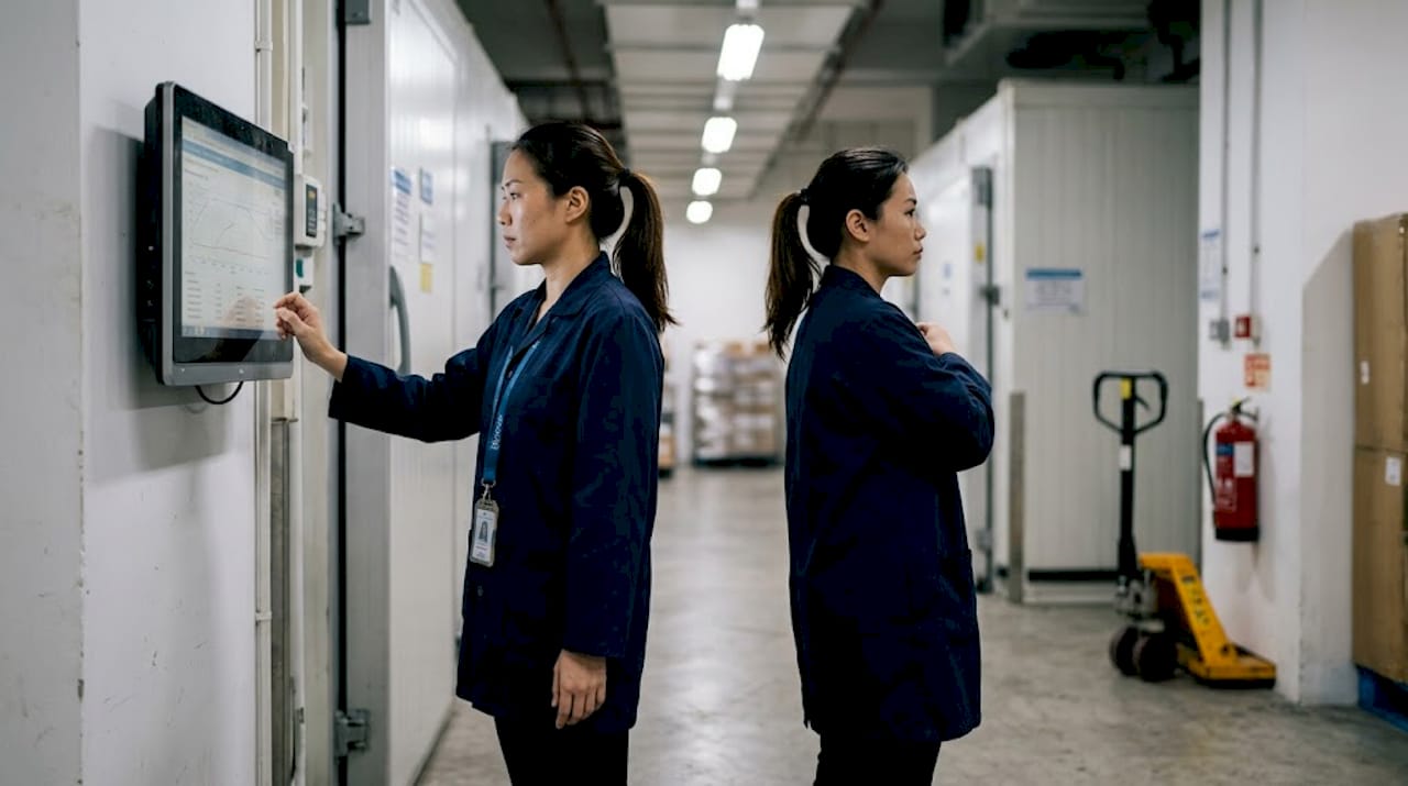 Technician checks temperature screen in cold storage warehouse