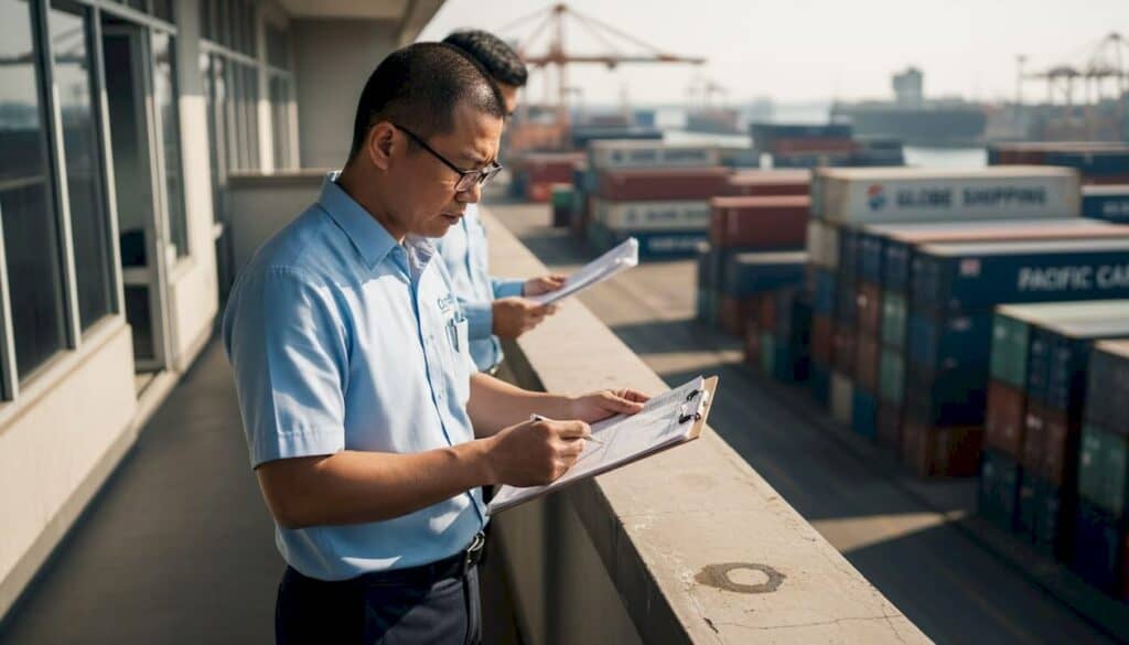 Manager reviews cold chain cargo at Southeast Asian port