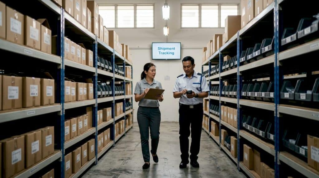 Supervisor checks pharma warehouse security