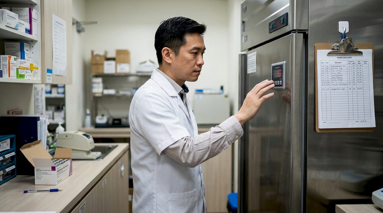 Pharmacist checking medical fridge temperature