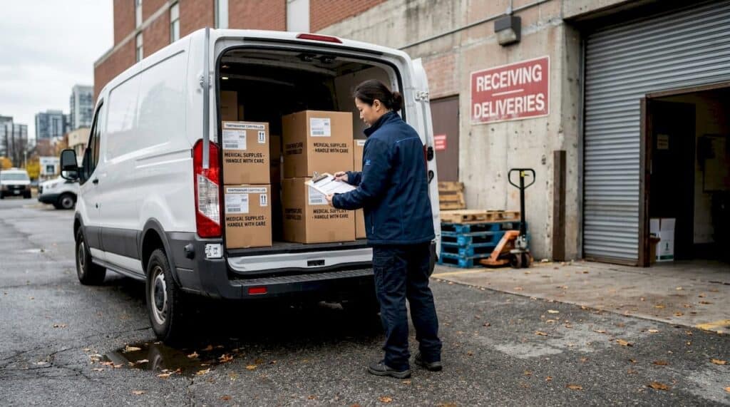 Worker unloading cold chain medical boxes
