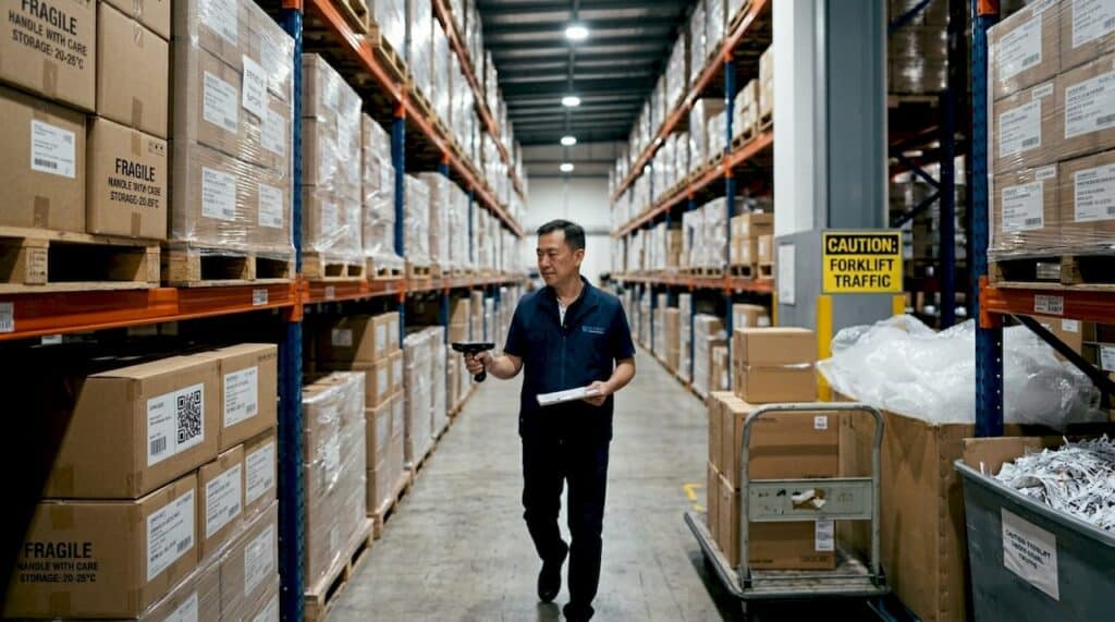 Pharma logistics supervisor checks boxes in warehouse