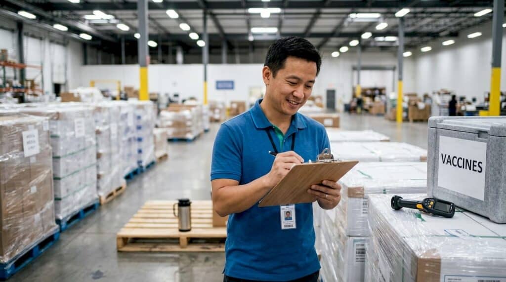 Logistics manager checking medical supplies shipment