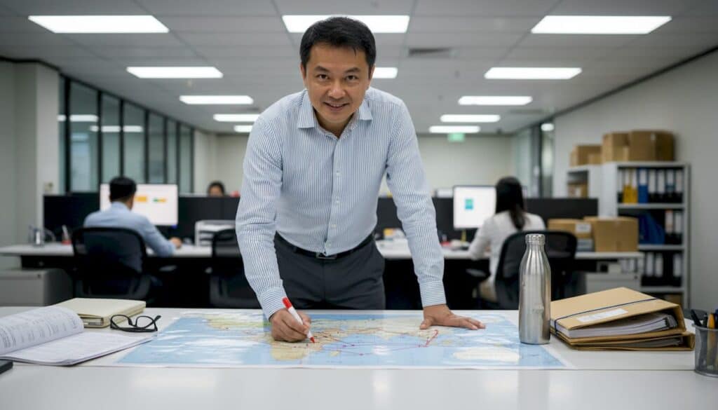Manager reviewing Southeast Asia healthcare logistics map