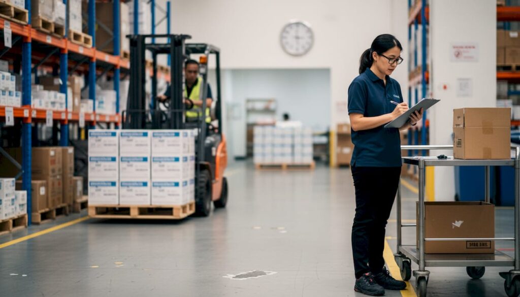 Warehouse staff managing medicine inventory