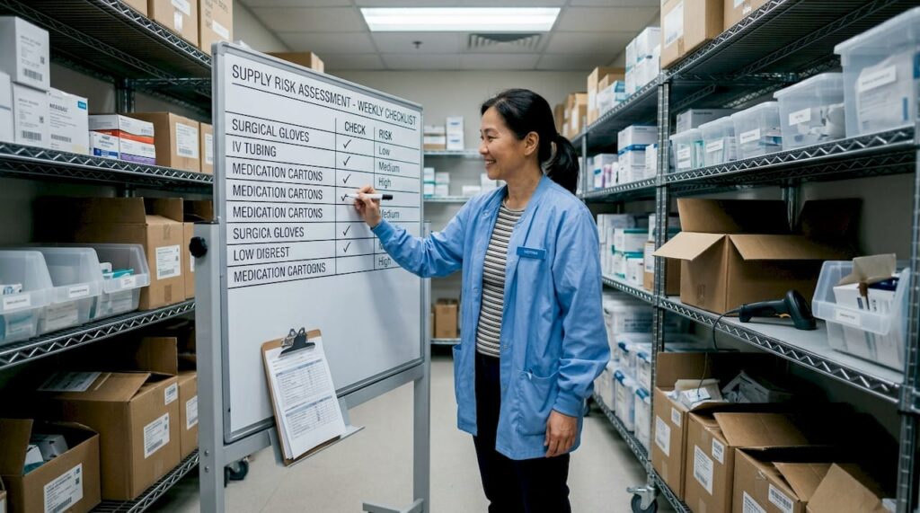 Hospital supply coordinator reviewing risk checklist