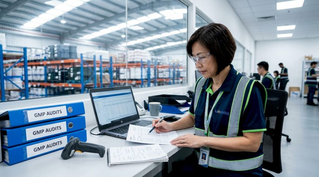 Manager verifying GMP logistics paperwork