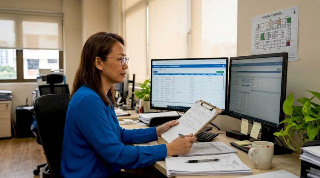 Coordinator manages hospital supply logistics at desk
