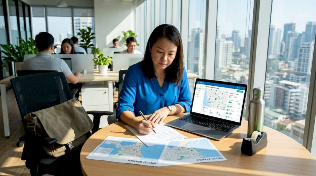 Logistics manager checking delivery maps in shared office