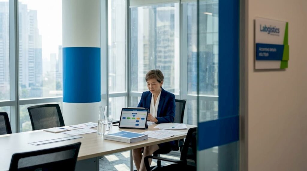 Manager reviewing pharma supply chain flowchart
