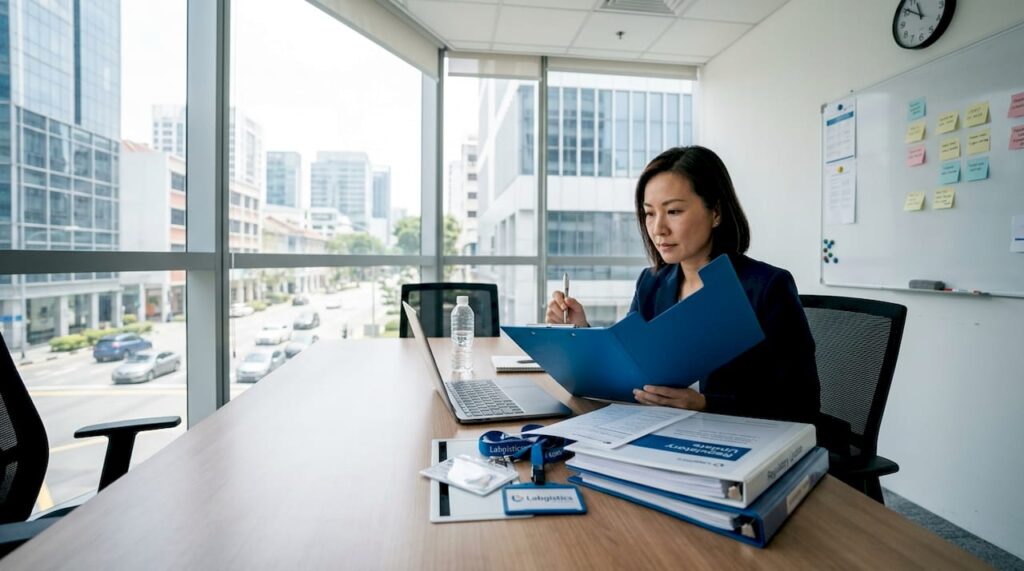 Manager reviewing healthcare compliance documents in office