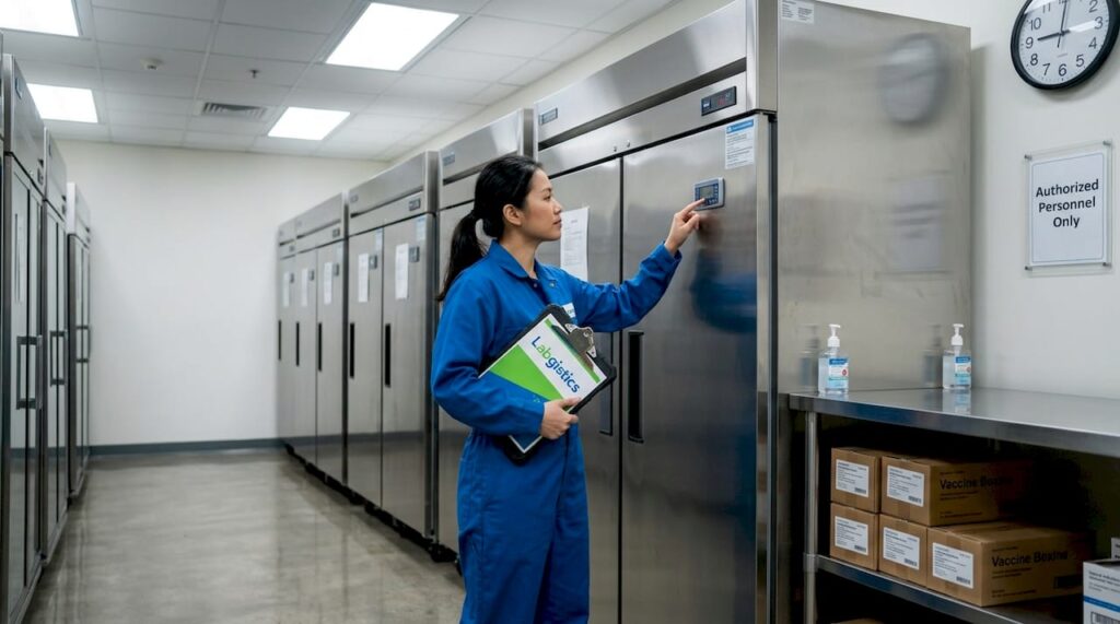 Technician checks cold chain vaccine storage units