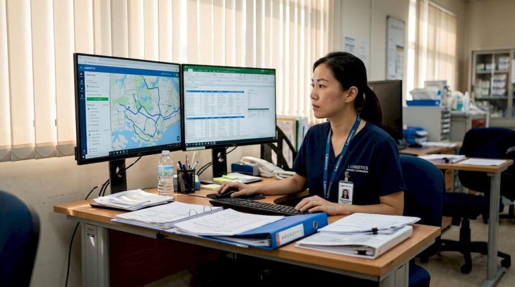 Logistics manager at hospital desk tracking shipments