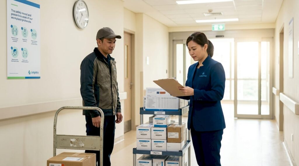 Logistics coordinator reviews medical supply delivery