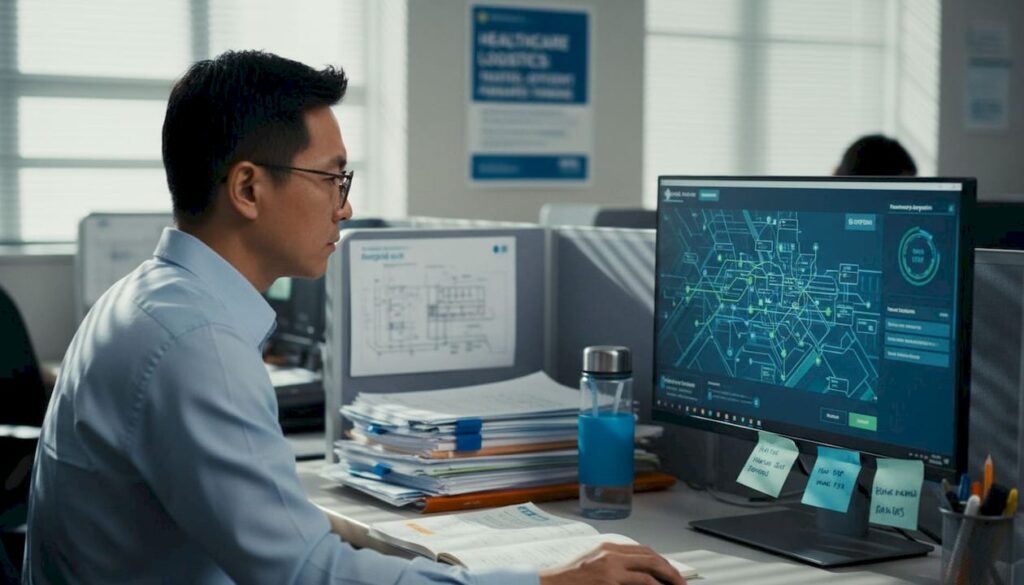 Analyst mapping supply chain in hospital office