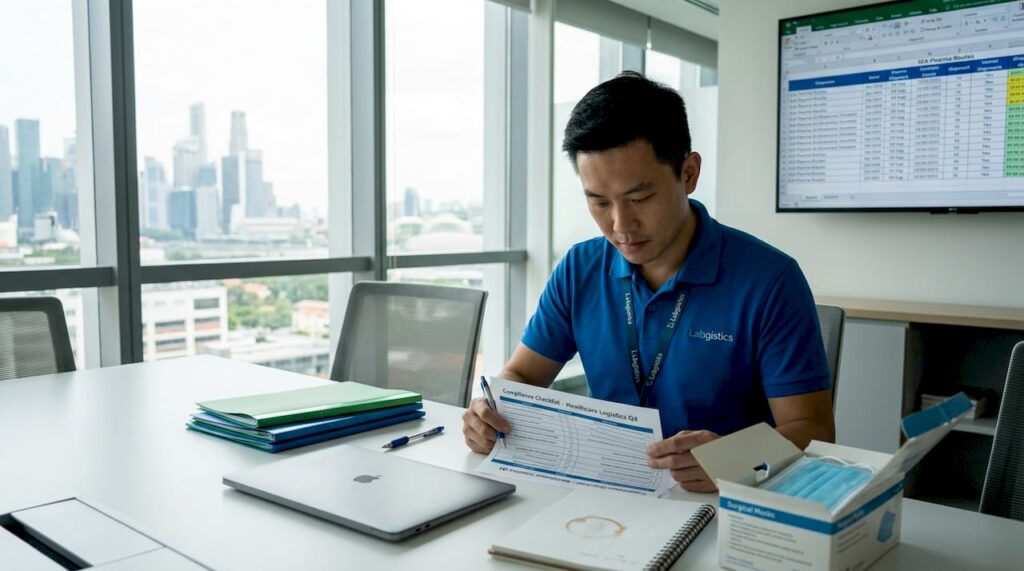 Logistics coordinator reviews pharma compliance checklist