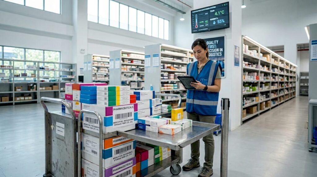 Coordinator checks medical shipments in SEA warehouse