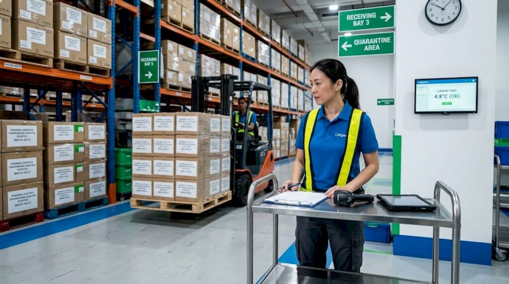 Warehouse manager supervises pharma goods receiving