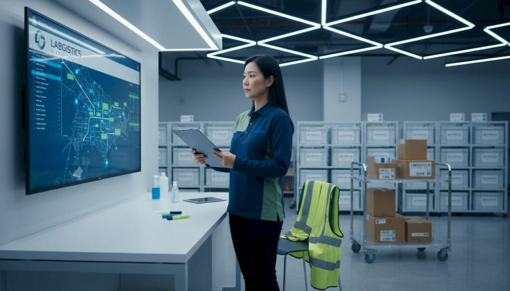 Manager reviewing documents in healthcare logistics warehouse