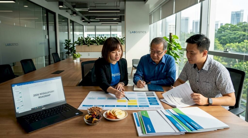 Pharma team reviewing regulatory documents in conference room