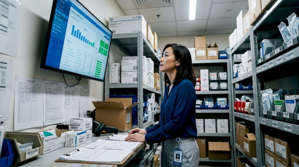 Hospital supply chain manager checks digital inventory