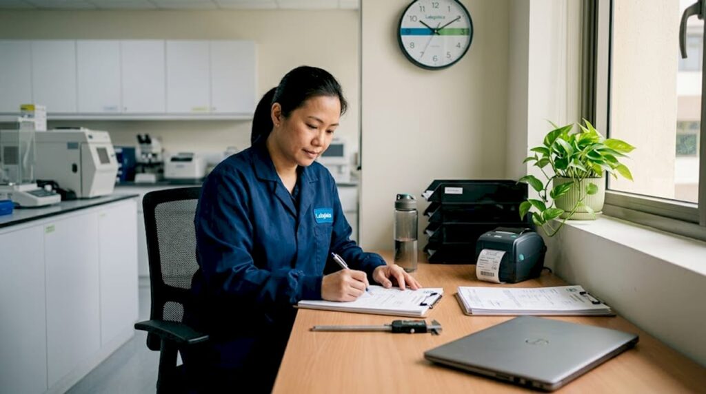 Lab technician reviewing calibration paperwork at desk