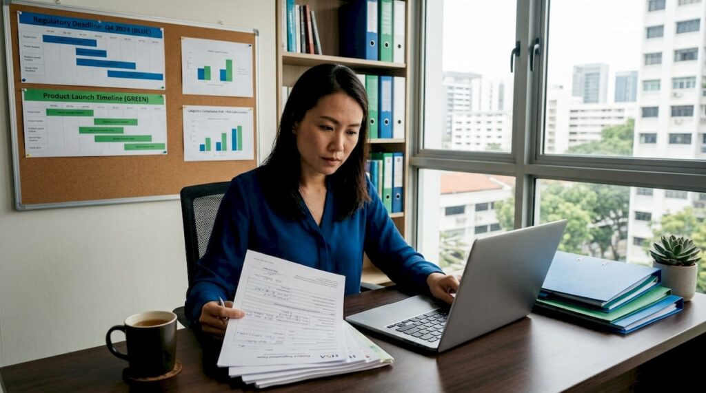 Compliance manager reviews product registration forms