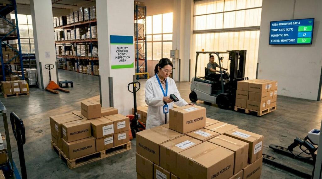 Pharmaceutical warehouse receiving area with quality manager