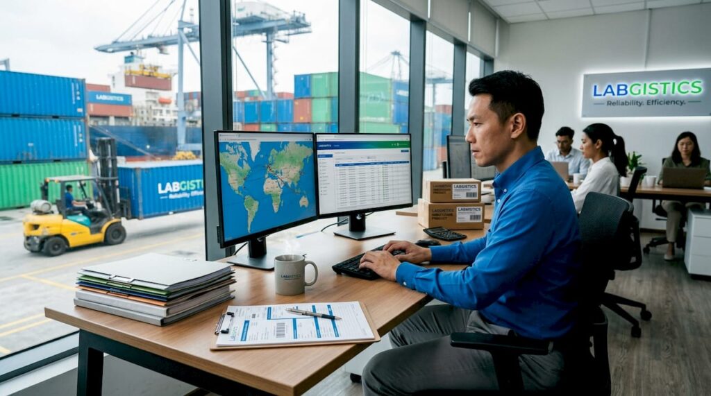 Logistics manager working on healthcare shipment tracking