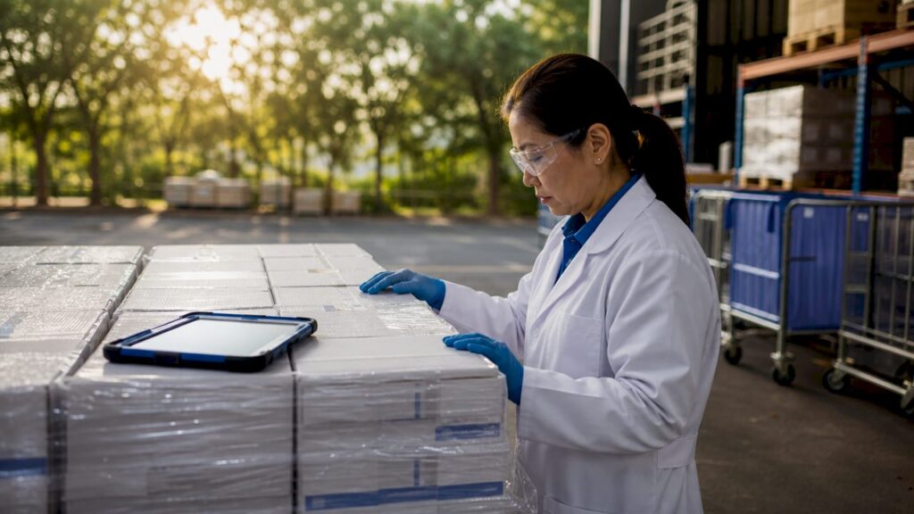 Logistics manager inspecting pharmaceutical packages