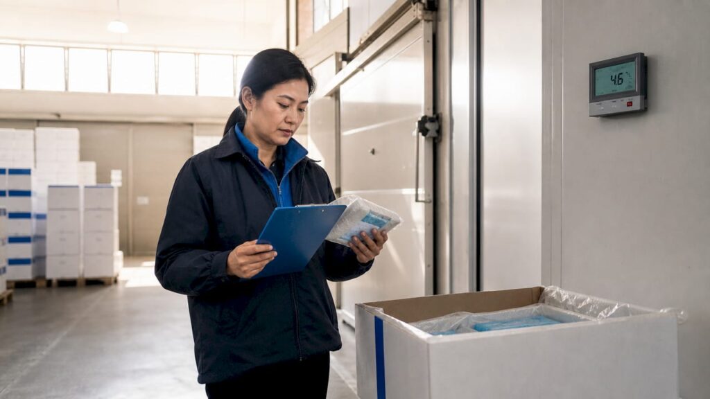 Specialist inspecting temperature-sensitive shipment in warehouse