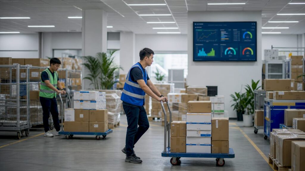 Exterior view of centralized warehouse with trucks