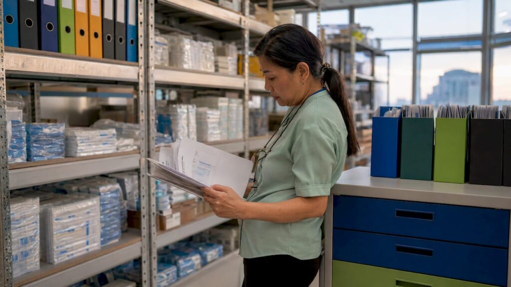Pharma logistics manager reviewing CRT guidelines at desk