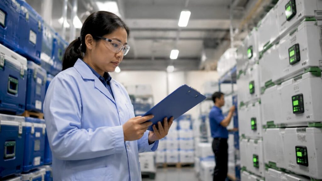 QA specialist reviewing calibration in medical logistics warehouse