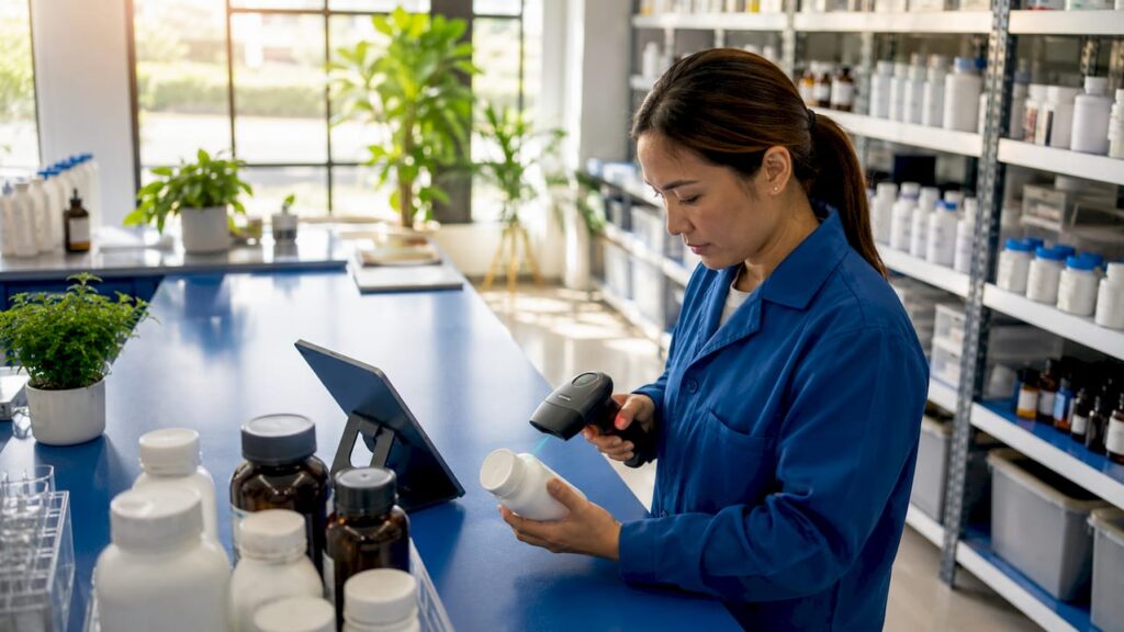 Lab manager using barcode scanner in lab
