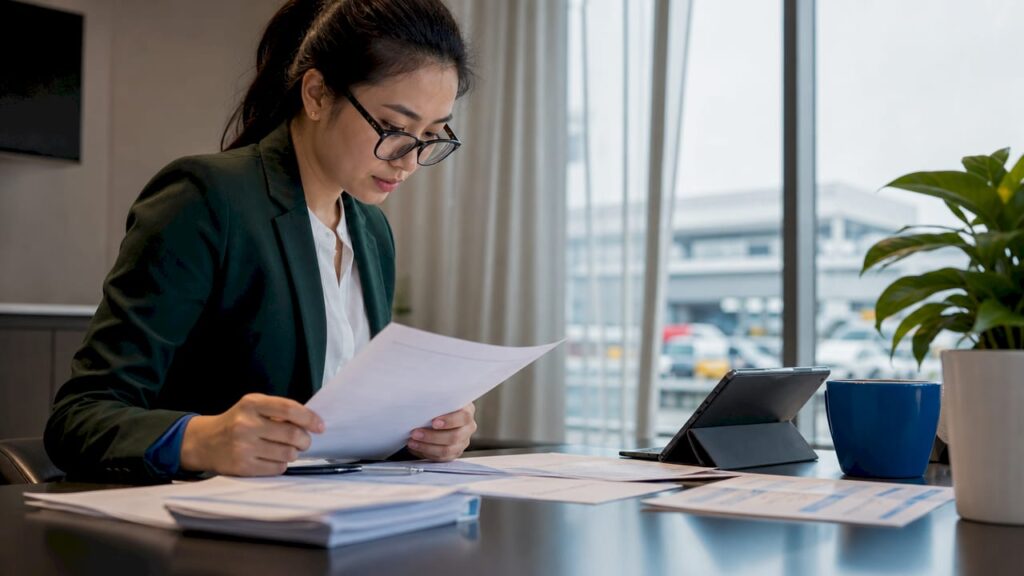 Healthcare manager reviewing reverse logistics paperwork