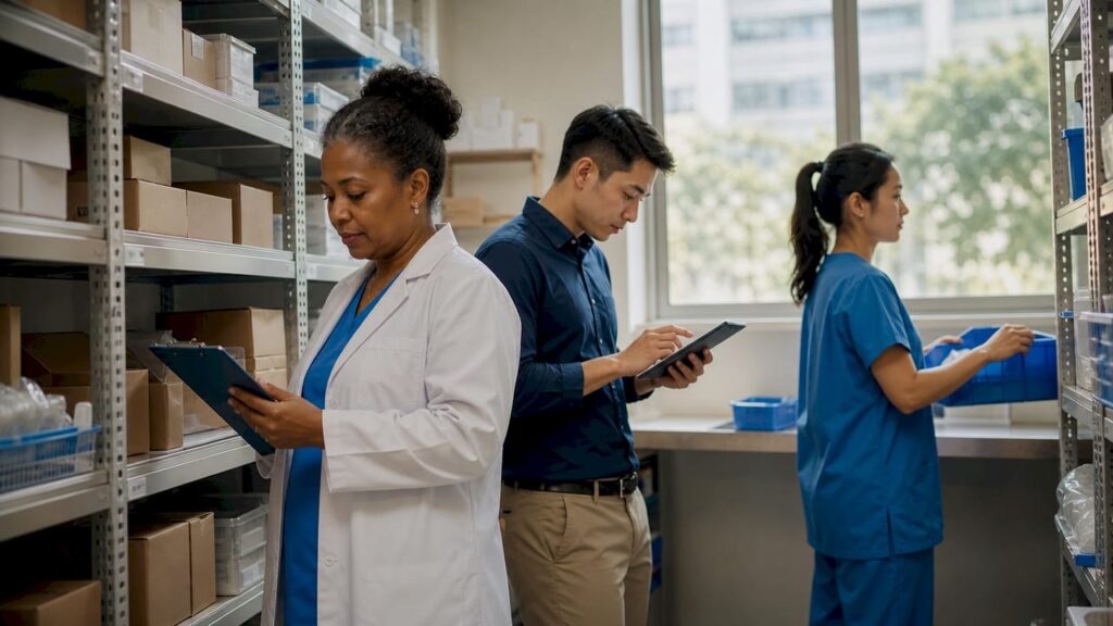 Healthcare team managing inventory in storage room