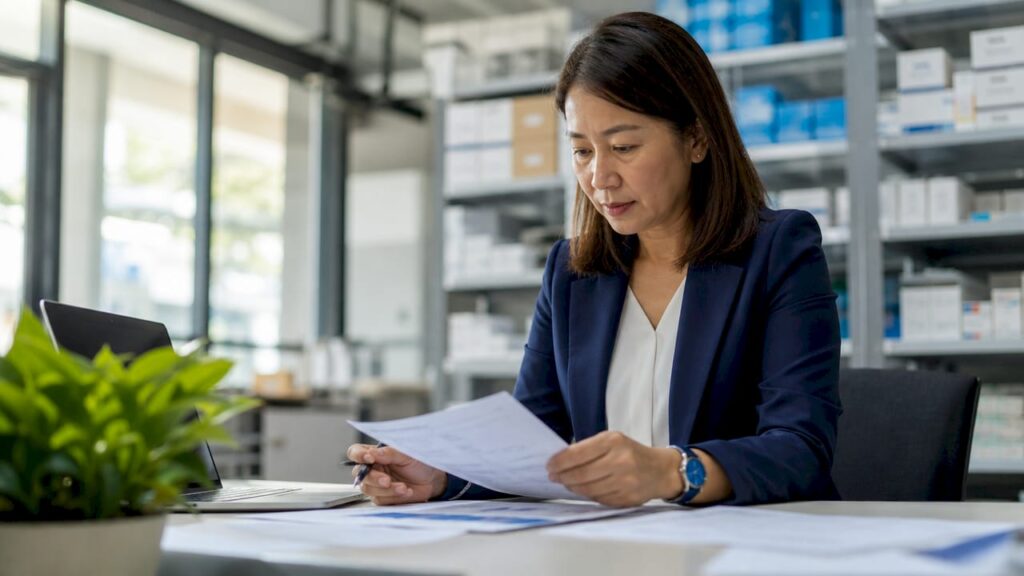 Healthcare supply chain manager reviewing inventory reports