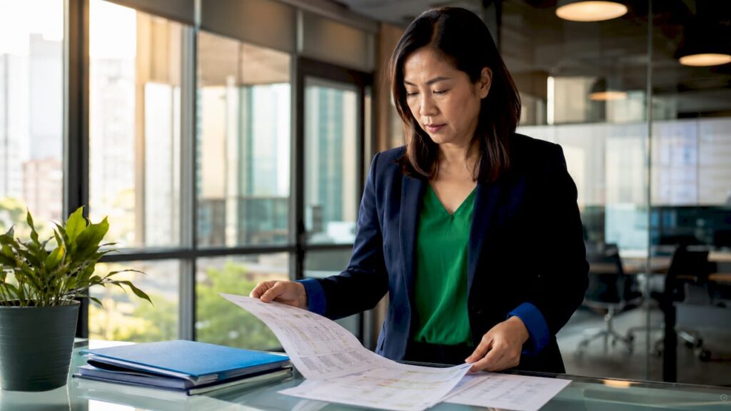 Woman reviewing clinical trial logistics documents