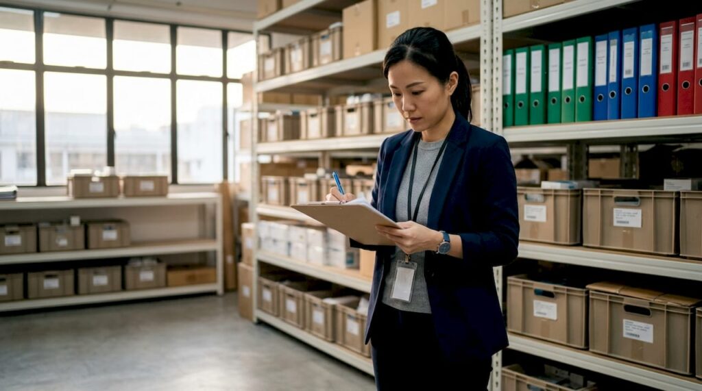 Healthcare logistics manager reviewing shipment documents