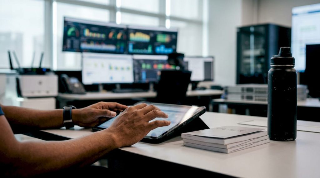 Hands at healthcare supply chain dashboard