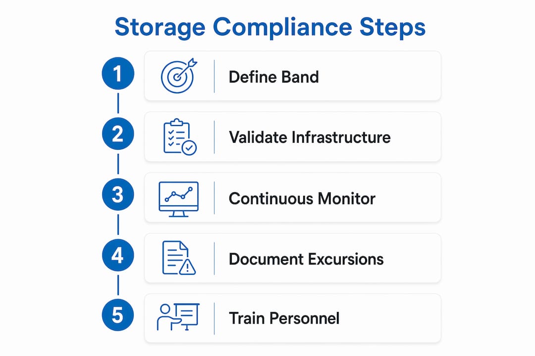 Infographic showing pharmaceutical storage compliance steps