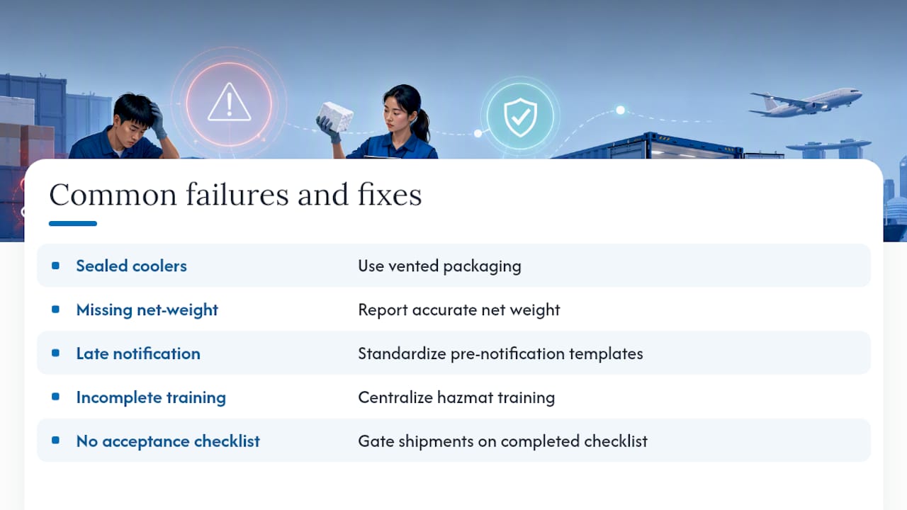 Diagram of dry ice shipment failures and fixes