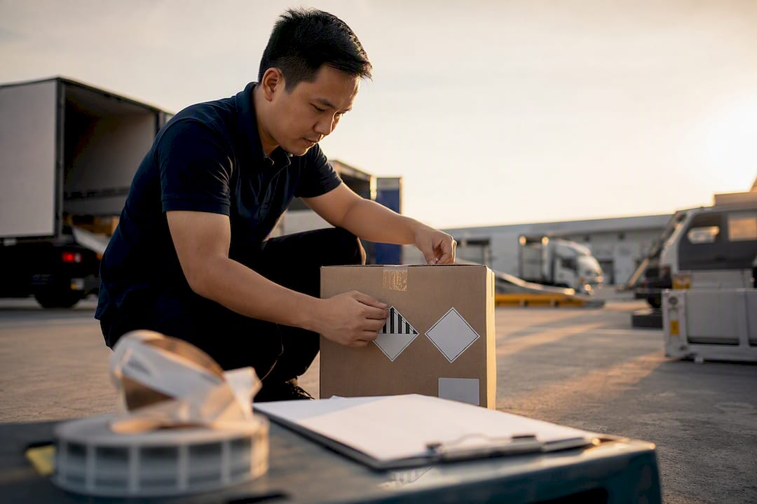 Hands applying UN3373 hazard label to package